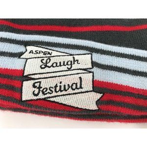 Aspen Beanie Hat Cap Aspen Laugh Festival Wheeler Striped Pom Pom Gray Red Blue